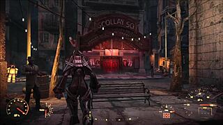 In Fallout 4, the brunette explores power armor in a cartoon game scene.