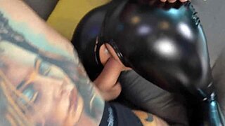 Horny brunette in latex enjoys deepthroat and doggy style.