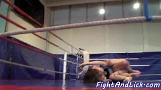 skinny lesbians dominate each other in boxing ring fight