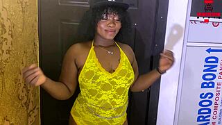 Curvy ebony amateur with big tits and shaking ass gets fucked by huge black cock in boss scene.