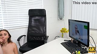 Brunette with Piercing Gets American Casting on Desk for Fantasy