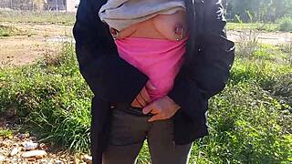 Kinky mom Nippleringlover flashes pierced nipples on public street