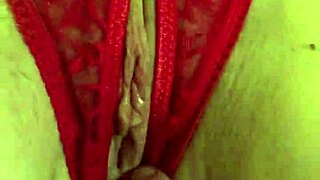 Shaved Pussy Soaked in Red Thongs!