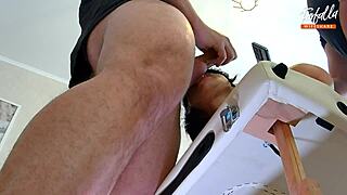 Wife delivers double blowjob with cum in mouth during threesome.