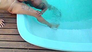 pool party rolling with the beautiful brunette giving me something perfect in front of everyone