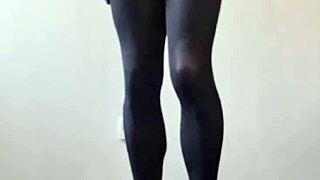 the transsexual with a monster cock strokes until he cums all over her nylon pantyhose and ass