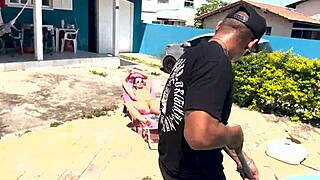 Blonde MILF Fucks Pool Cleaner Outdoors!