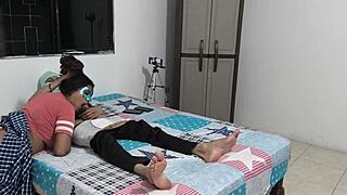 The horny latina milf stepsister eagerly sucks the monster cock, moaning deliciously as she takes it deep.