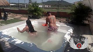 Public sex in in-laws jacuzzi blowjob doggy fuck