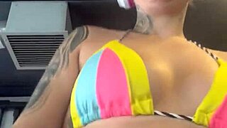 Oh! Sweaty tanned skinny babe with big tits at gym!