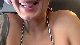 Oh! Sweaty tanned skinny babe with big tits at gym!