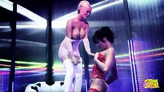 Blonde stripper wants brunette to lick dildo clean in pov orgasm