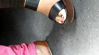 mature feet candid shots in wedges and sandals