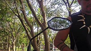 i'm fucking the tattooed motorcyclist in the forest, licking his balls and dominating him