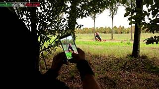 A voyeur watches outdoor foot worship and facesitting humiliation by old femdom slave.