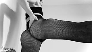 petite girl teases with fishnet tights and ass worship
