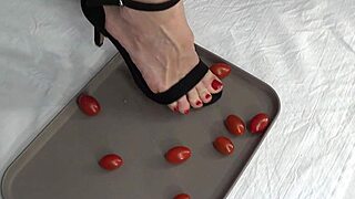 i trample tomatoes with my feet in a mature housewife solo fetish video