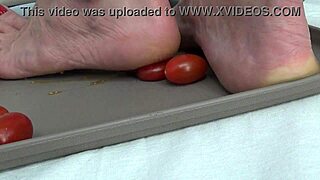 i trample tomatoes with my feet in a mature housewife solo fetish video