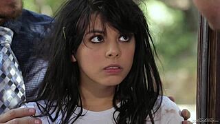 Wild teen Gina Valentina gags on my cock.