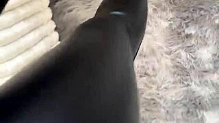 Nice Friday with barefoot feet in leather skirt