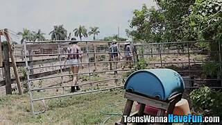 Teen cowgirls riding and getting facials outdoors, wanna join?