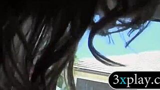 Brunette flashes tits in car, gets pounded for cash.