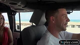 Brunette flashes tits in car, gets pounded for cash.