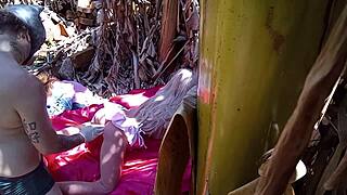 Fucked Tight Redhead with Dildo Outdoors