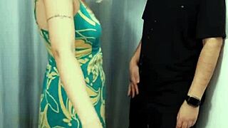 In the changing room, the milf tells the salesman, 'I want you to lick my wet pussy'