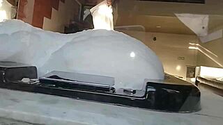 Spied on brunette bathing guy in feminine clothing, then he fucks her pear-shaped ass