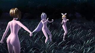 Kagamine rin meiko and haku in full nude knife project diva mod