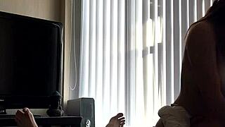 Asian with big tits rides cock hard