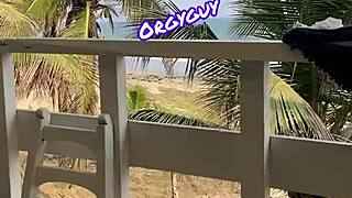 Woman flashes at beach resort outdoors