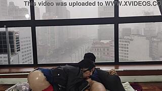 Kitty fucks in window for voyeurs