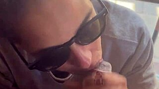 Lightskin ebony step-sister gives blowjob by window, gets cum on face as boyfriend searches.