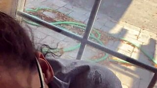 Lightskin ebony step-sister gives blowjob by window, gets cum on face as boyfriend searches.
