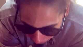 Lightskin ebony step-sister gives blowjob by window, gets cum on face as boyfriend searches.