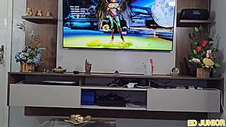 teen stops video game for face fucking and creampie