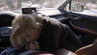 Blonde sucks dick while driving in public outdoor