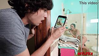 Hey, lucky boy catches step-mom in the bathroom for some fun