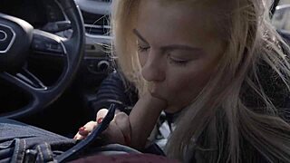 Blonde sucks dick while driving in public outdoor