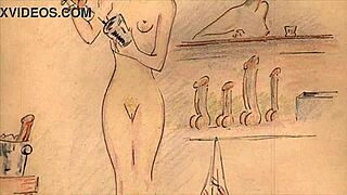 Vintage erotic animation yells, 'bend over!'