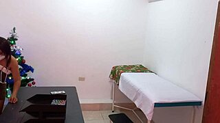 Latina nurse in business outfit masturbates juicy pussy in office