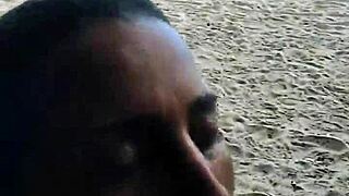 Exhibitionist couple fucks on beach, stranger joins for cumshot?