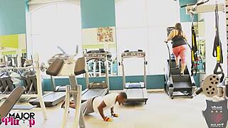 Sofia Rose eye-fucks Rome Major in gym, flirting leads to pussy pounding with deepthroat and dirty talk.