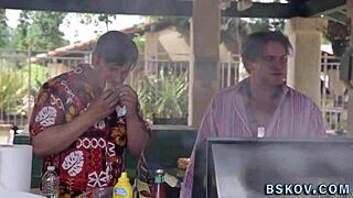 my feet worshipped as busty milf gets throated.