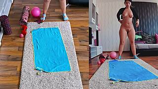 Hot Sweaty MILF Does Naked Yoga Spreading Ass In Dual Cam