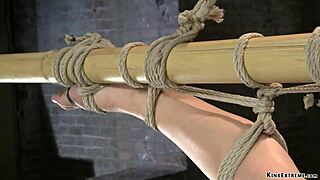The lesbian slave endures whipping while bound in hogtie
