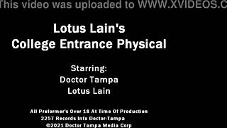 I'm Dr. Tampa conducting Lotus Lain's Tampa University entrance physical with gloves and spreading