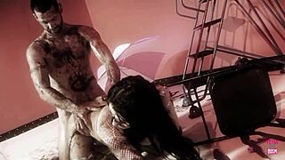 Naughty Brunette Teases with Dark Oil Before Intense Doggystyle Fuck in Lingerie and Heels